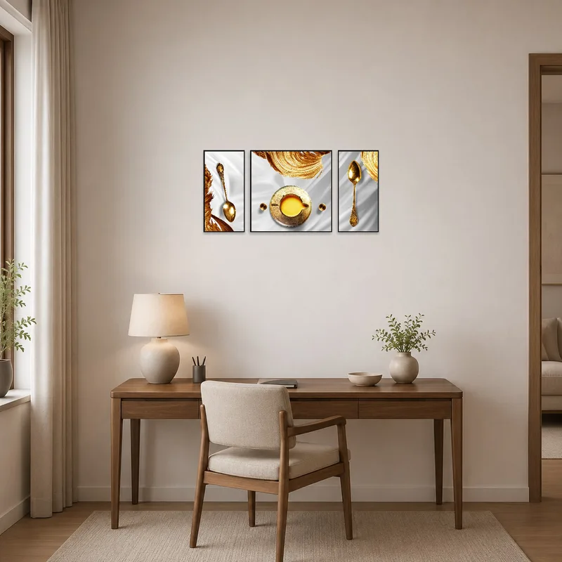 Home office featuring vintage gold spoon and abstract swirls to inspire creativity.