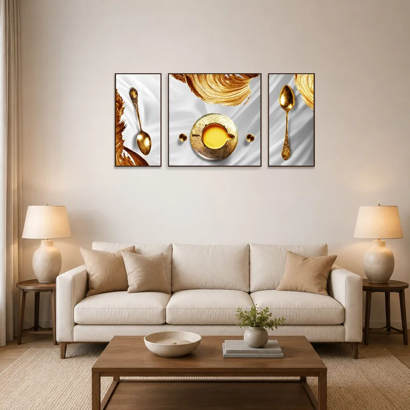 Art set featuring vintage gold spoon and abstract swirls in a modern living room setup.