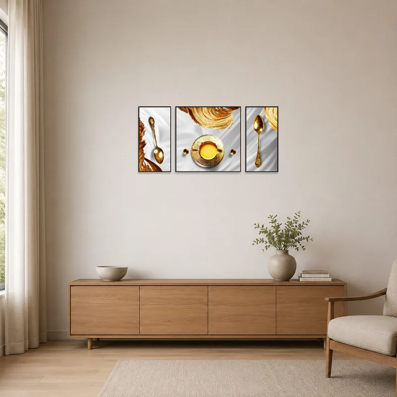 Minimalist room with vintage gold spoon and abstract swirl art pieces accentuating the decor.