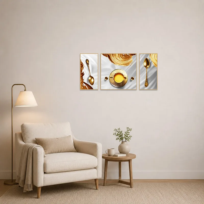 Reading corner adorned with vintage gold spoon and abstract swirl art for a cozy aesthetic.