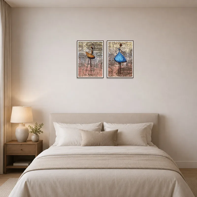 Bedroom ambiance enriched by vintage mixed media set, displaying elegant figures for a serene atmosphere.