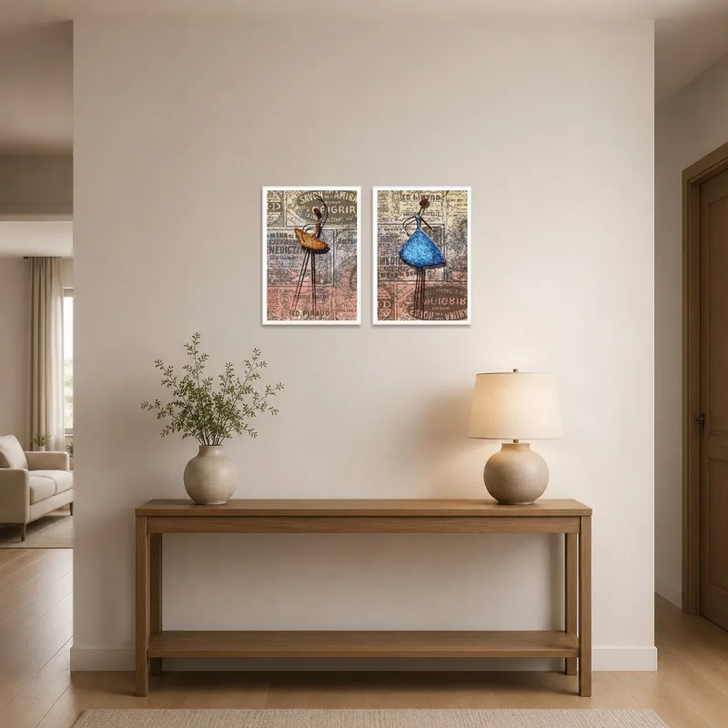 Entrance hall displays a vintage mixed media set, welcoming guests with elegant figure illustrations.