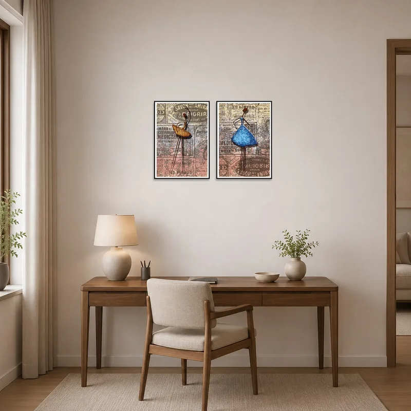 Home office brightened by a vintage mixed media set, featuring elegant figures inspiring creativity.