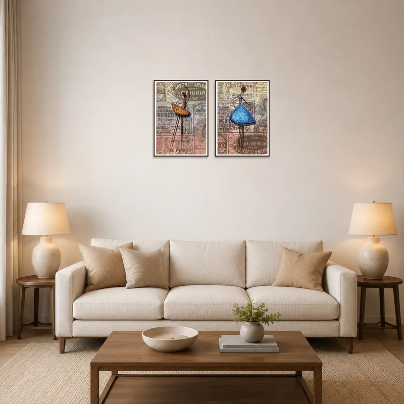 Vintage mixed media set adorns a stylish, cozy living room with elegant figures gracing the walls.