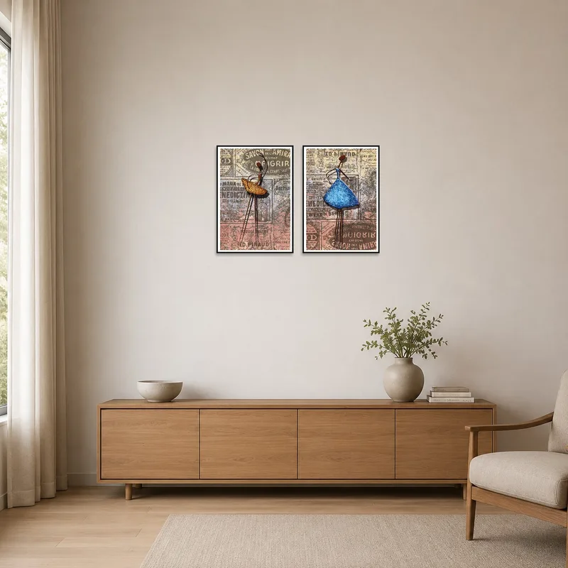 Minimalist space enhanced by elegant figures from a vintage mixed media set, offering subtle sophistication.