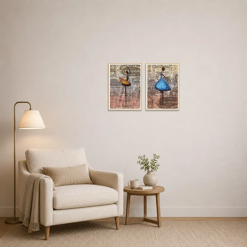Cozy reading corner comes alive with vintage mixed media set, featuring elegant figures on the walls.