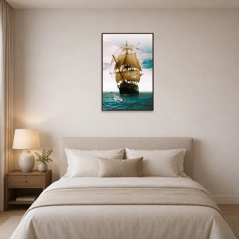 Nautical vintage ship with seagulls offering a serene touch to a bedroom.