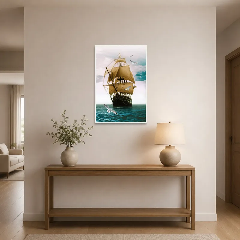 An inviting entrance hall featuring a vintage ship scene with seagulls.