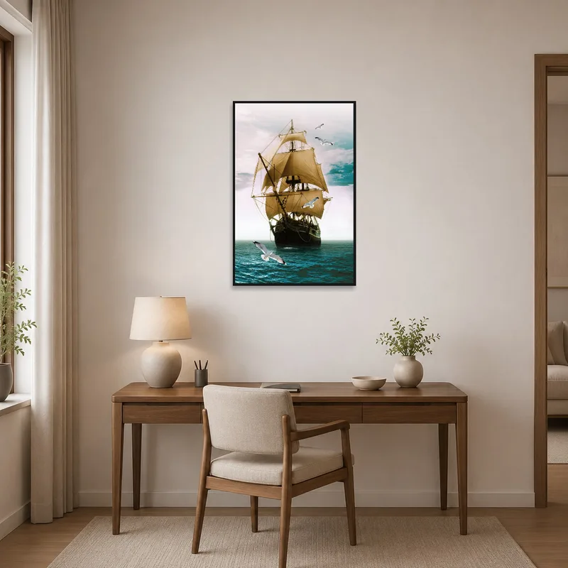 Vintage ship scene with seagulls bringing seaside inspiration to a home office.
