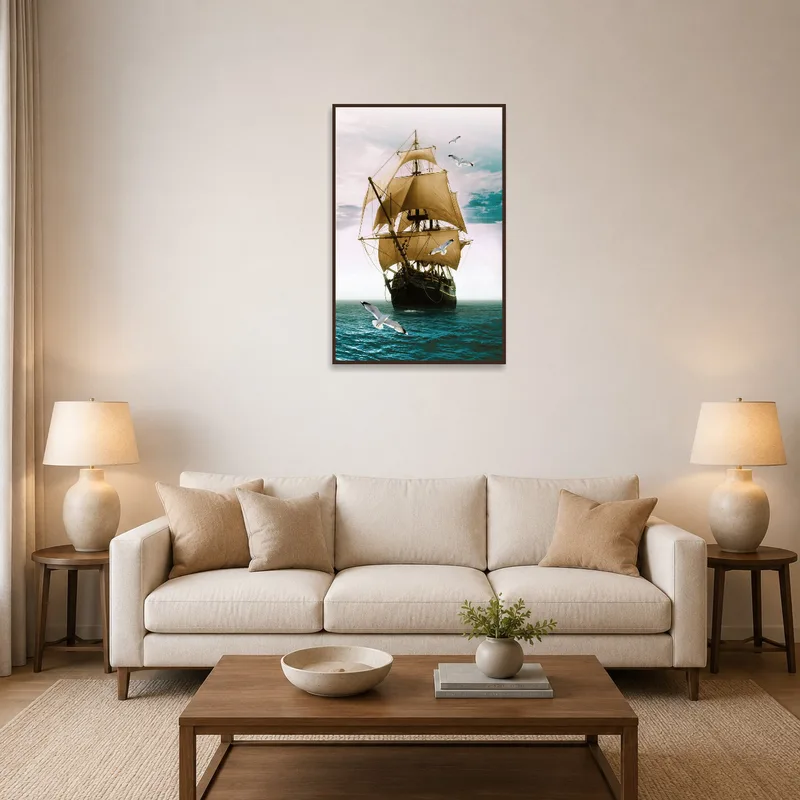Vintage ship and seagulls at sea adding nautical charm to a living room wall.