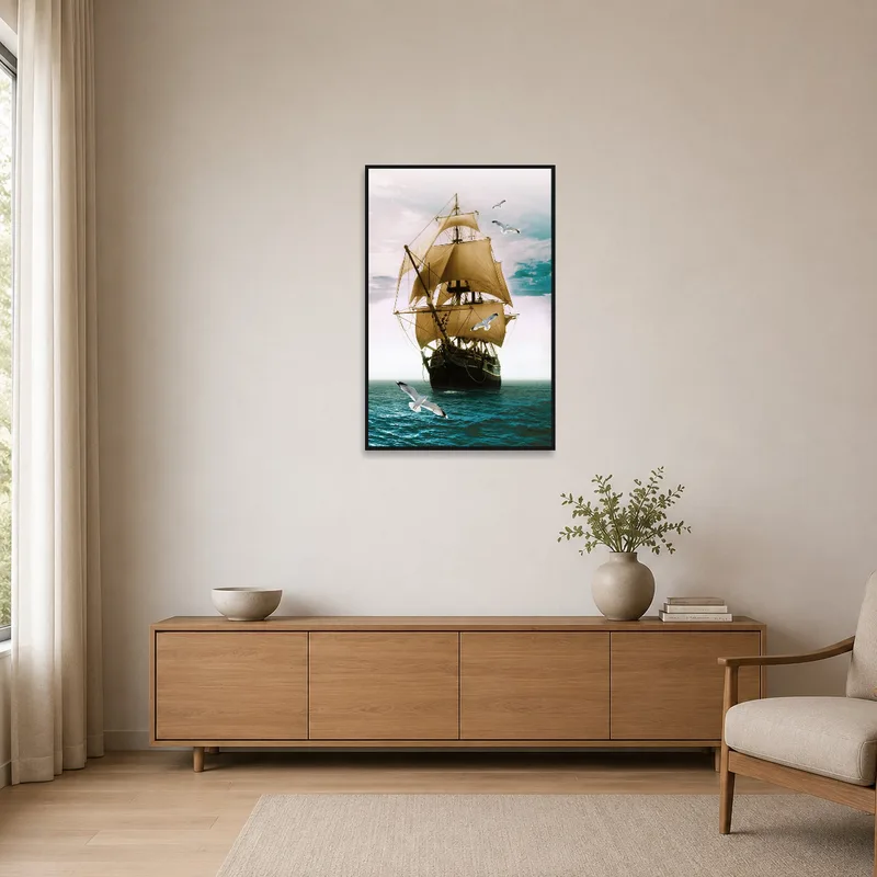 A simple display of a vintage ship with seagulls on a minimalist wall.