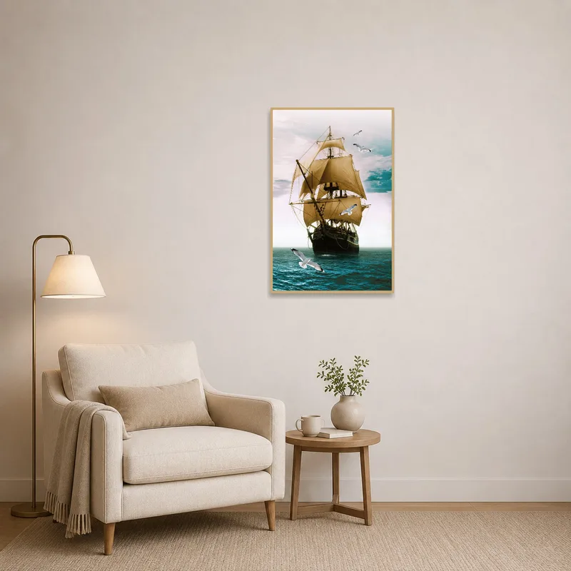 Tranquil vintage ship with seagulls complementing a cozy reading corner.
