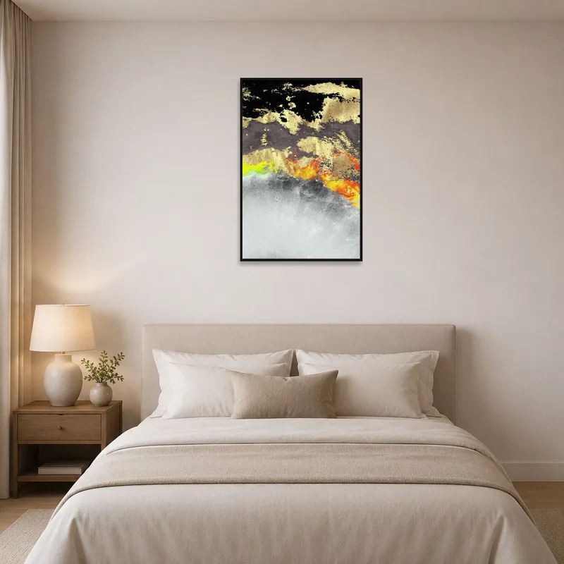 The bedroom features a striking abstract in gold and black on the wall.