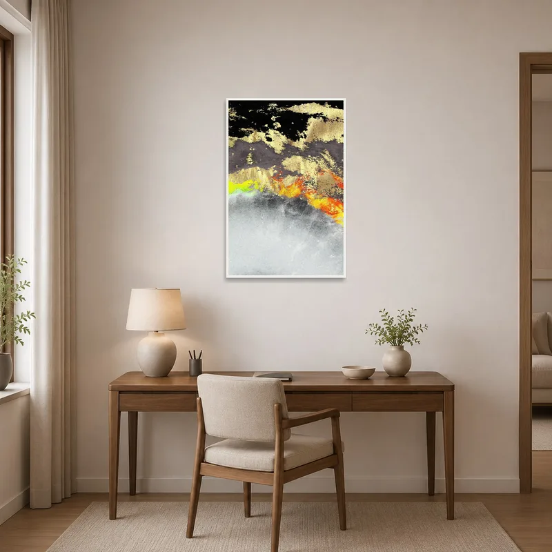 A bold abstract in gold and black energizes the modern home office.