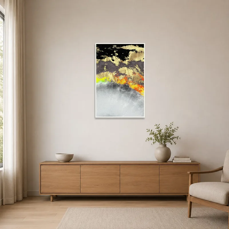 A vibrant abstract in gold and black complements a minimalist room.