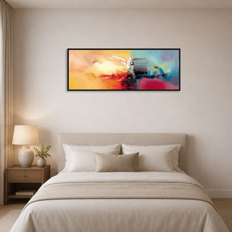 Expressive abstract art brings a lively touch above a bed in the bedroom.
