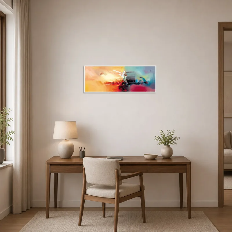 Energetic abstract canvas inspires creativity in a home office setting.