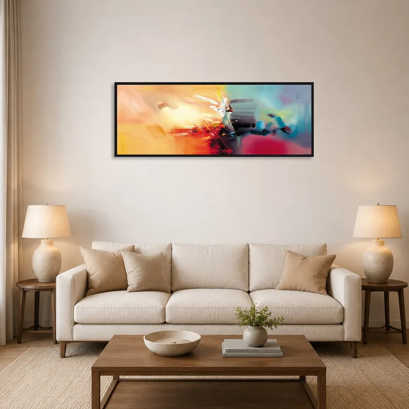 Vivid abstract expressionist artwork on a living room wall with modern furniture.
