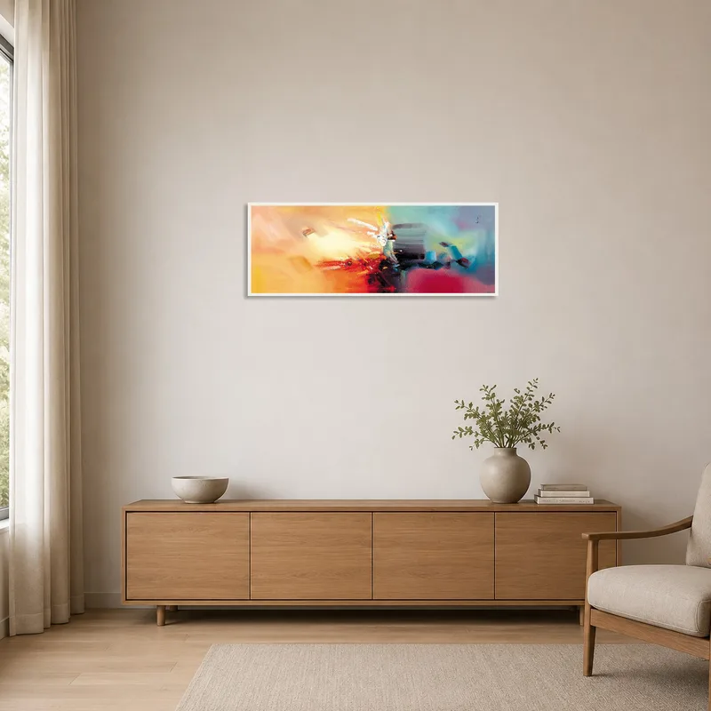 Bold abstract expressionist piece accentuating a minimalistic room with clean lines.