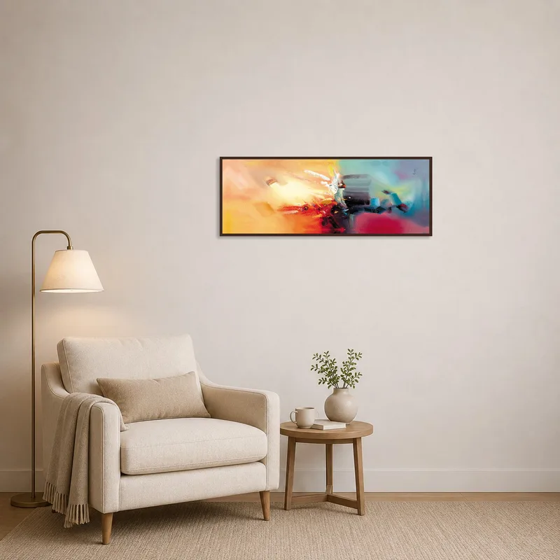 Colorful abstract expressionist canvas brightens up a cozy reading corner.