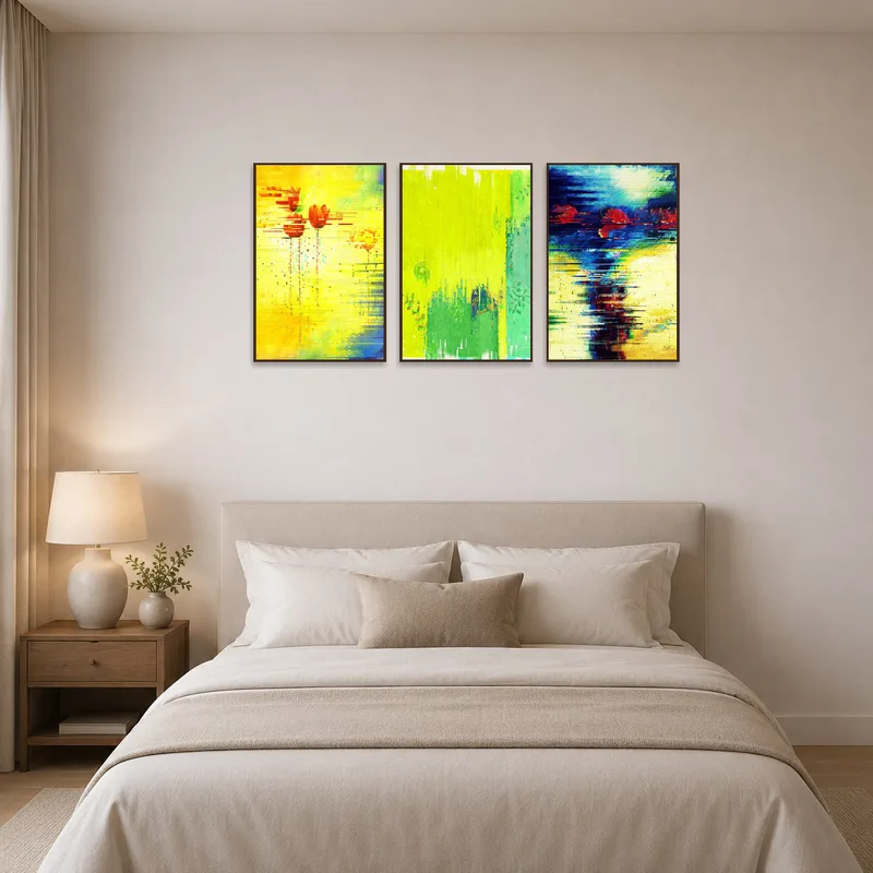 Bright abstract floral artworks creating warmth in a serene bedroom.
