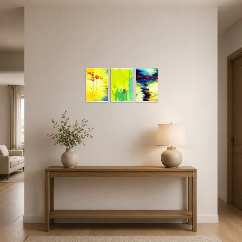 Dynamic yellow and red floral art greeting guests in the entrance hall.