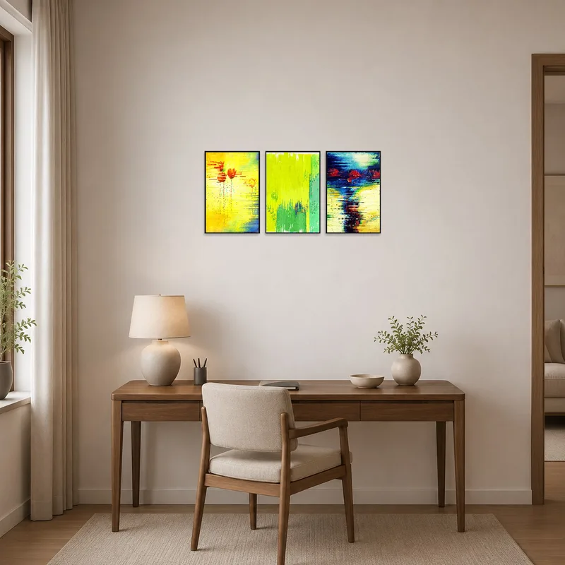 Vivid floral pieces energizing a creative home office space.