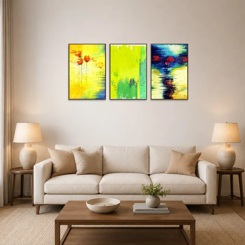 Vivid abstract floral art set with yellow and red hues in a cozy living room.