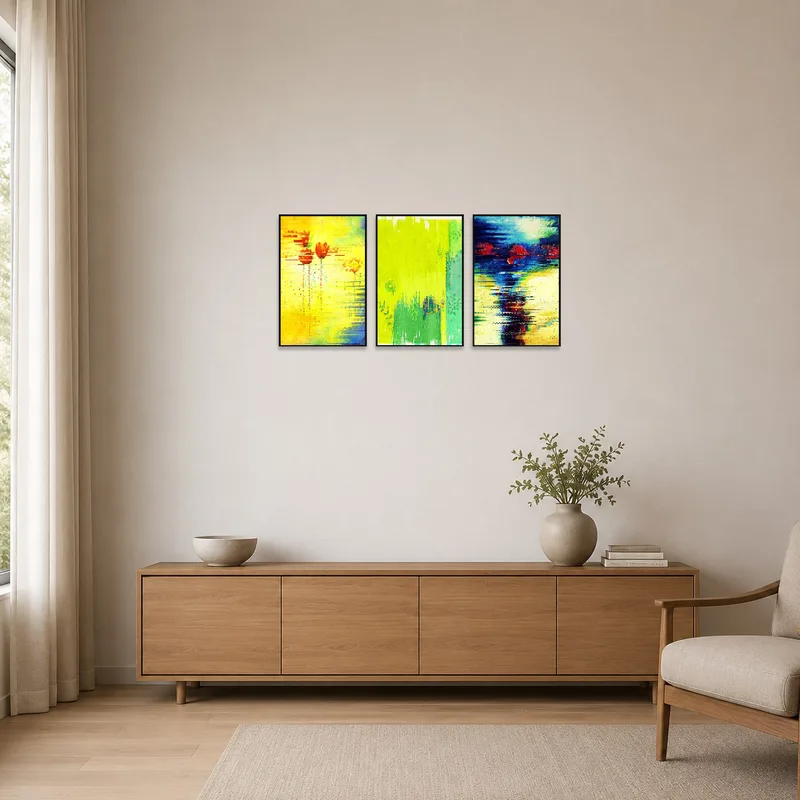 Vibrant floral art pieces adding color to a minimalist room's clean design.