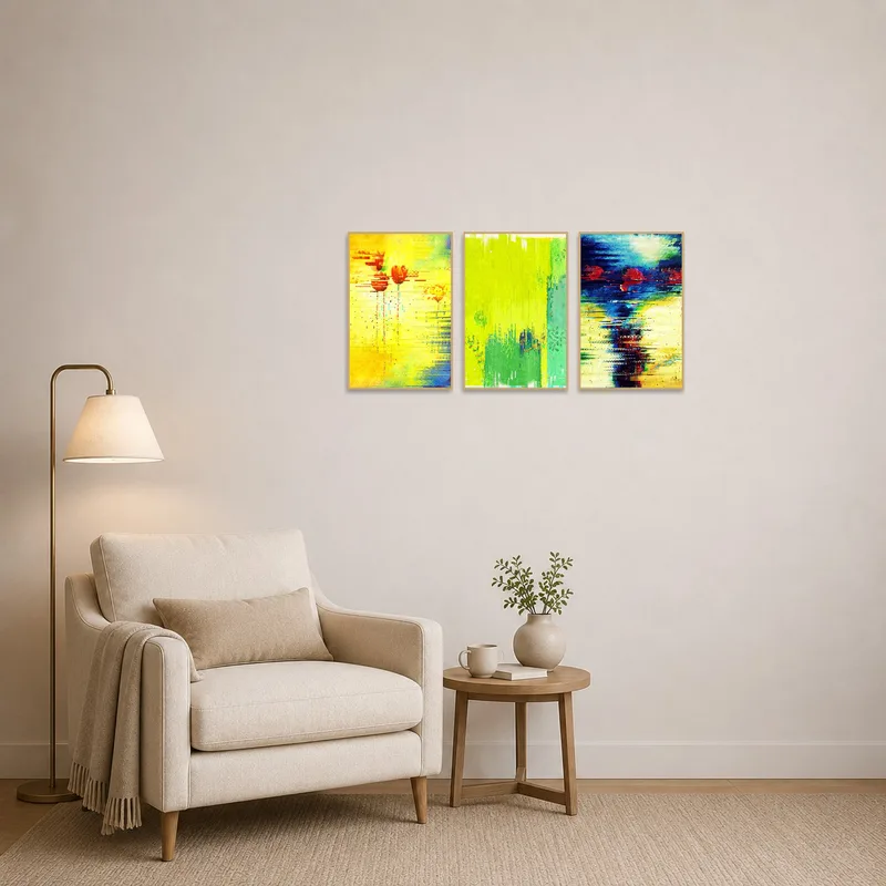 Colorful abstract floral set brings life to a tranquil reading corner.