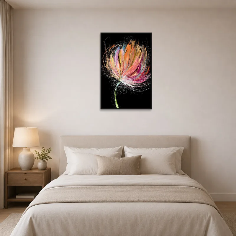 Colorful floral canvas creates a serene atmosphere in the bedroom.