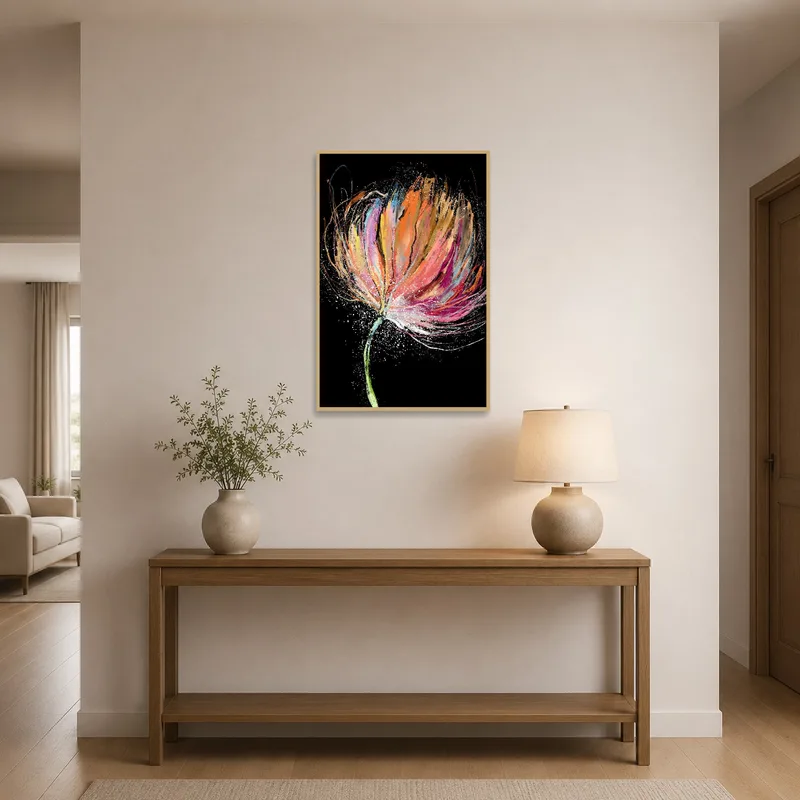 Vivid flower art gives the entrance hall a dynamic touch.