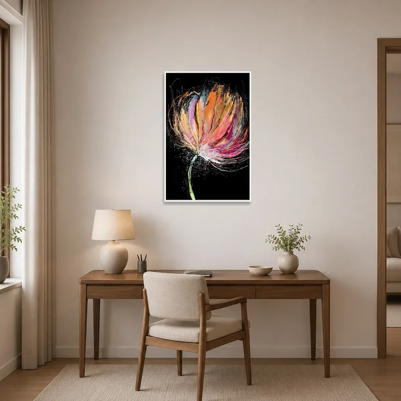 Eye-catching flower art brightens up a modern home office.