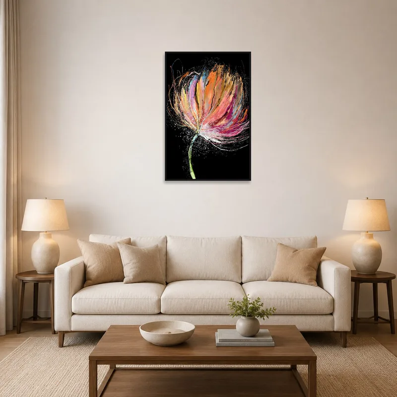 Bold abstract flower art on the wall of a stylish living room.