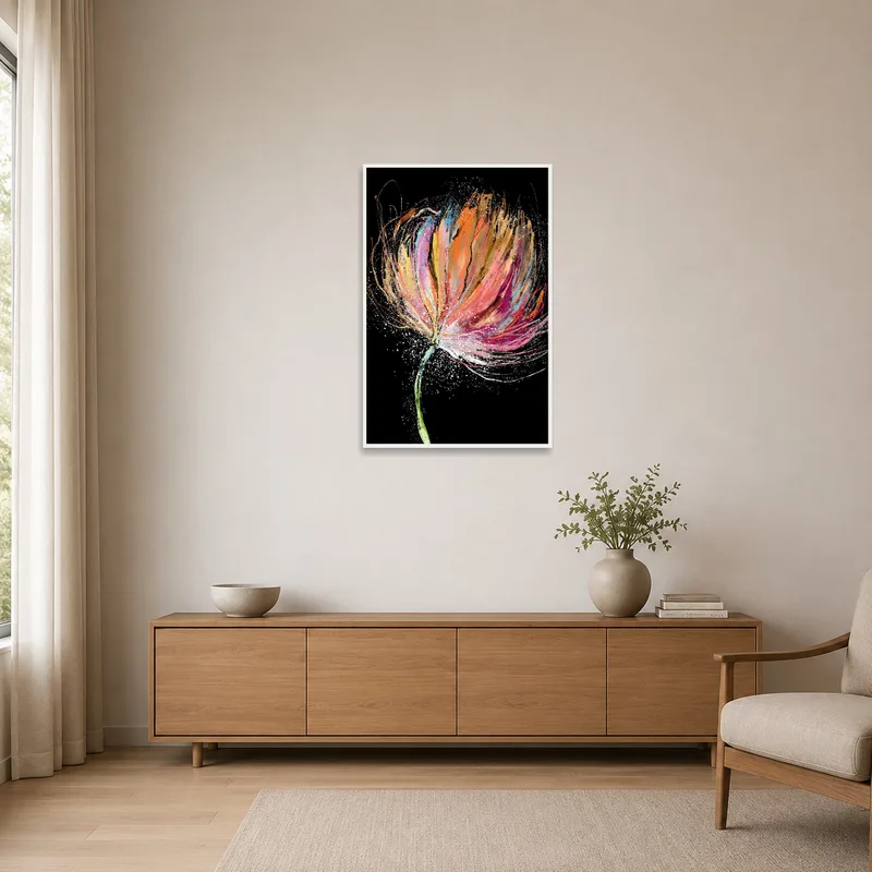 Sleek room with a striking flower artwork as the focal point.