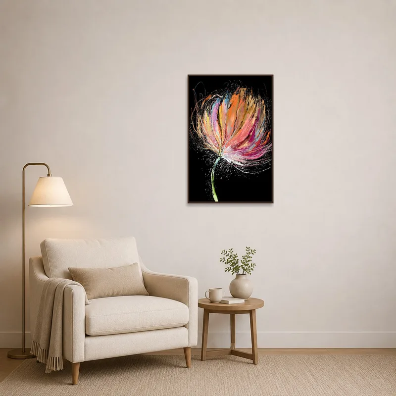 Abstract flower art enhances the cozy vibe of the reading corner.