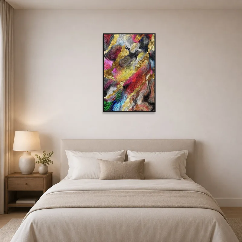 Bold swirl patterns with gold accents bringing vibrancy to a bedroom setting.