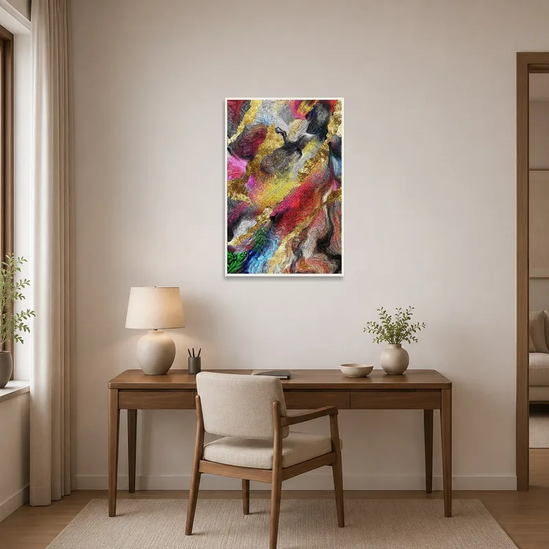Home office invigorated by abstract swirl art with gold accents over the desk.