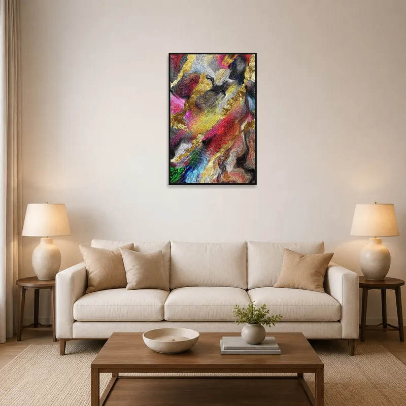 Colorful abstract swirls with gold accents on a living room wall above a modern couch.