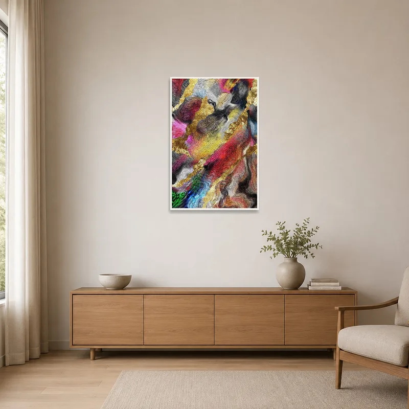 Vivid swirls and gold highlights in a minimalist room creating a striking contrast.
