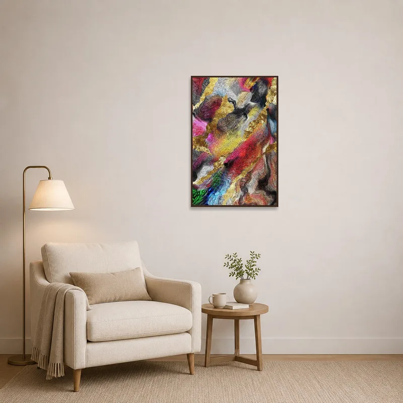 Reading corner enhanced by colorful swirl artwork with shimmering gold accents.