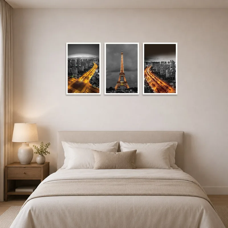 Bedroom embellished with a vivid cityscape triptych in calming tones.