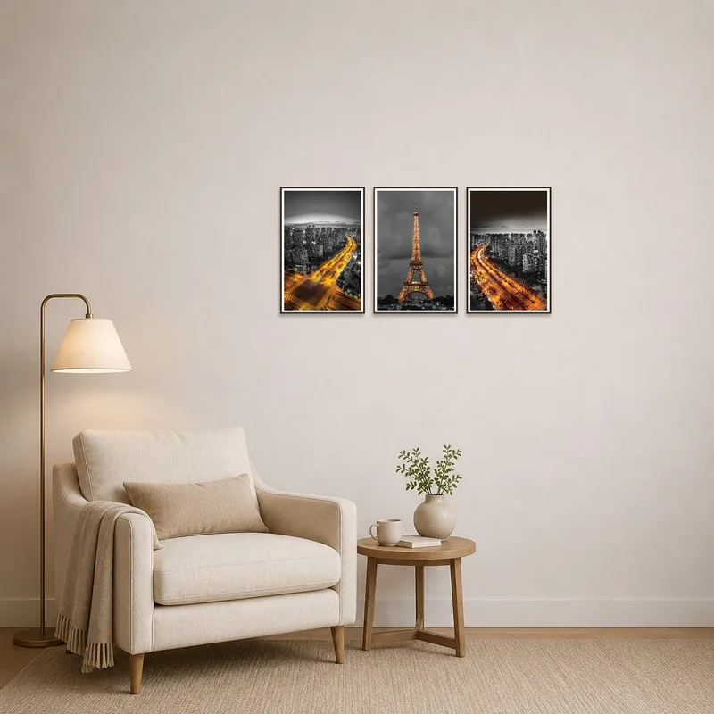 Reading corner enlivened with a monotone cityscapes artwork.