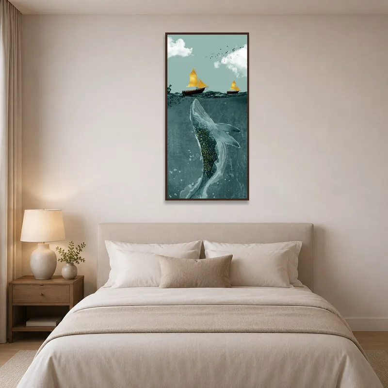 Dreamscape art with a whale and sailboats in a calming bedroom.