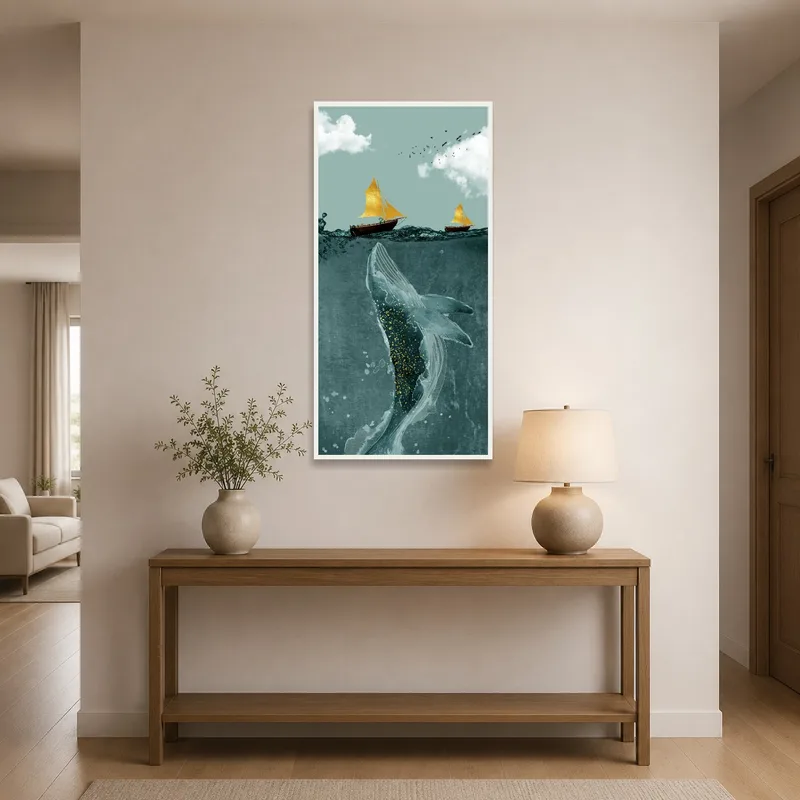 Artwork of a whale and sailboats greets in the entrance hall.