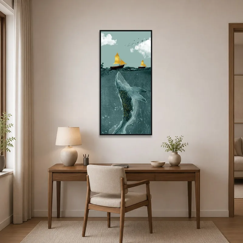 Whale and sailboats print brings inspiration to the home office.