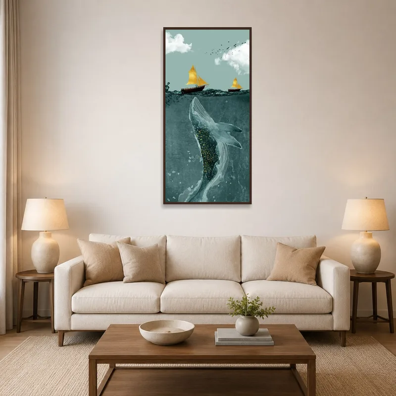 A surreal whale and sailboats artwork hung in a cozy living room.