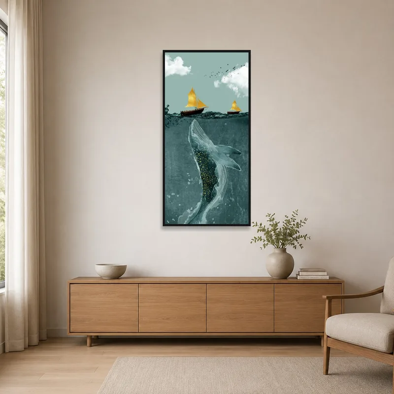 Whale and sailboats artwork adorns a minimalist space.