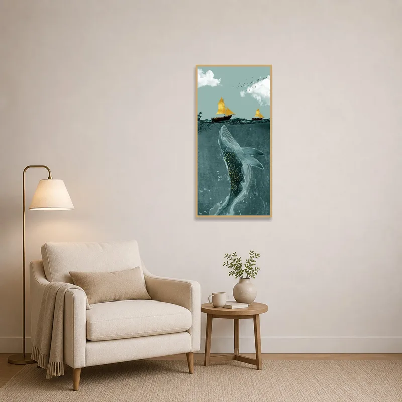 Whale and sailboats print adds charm to a reading corner.