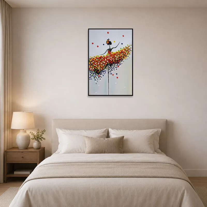 Colorful ballerina art brings warmth and life to the bedroom.